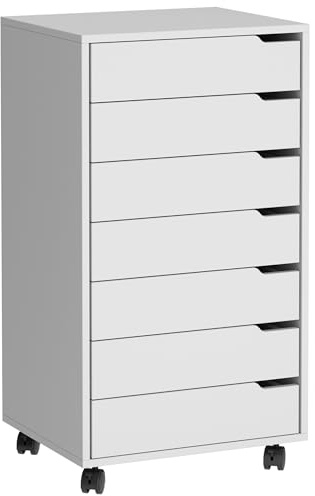 SogesHome Caisson de Bureau Mobile à roulettes Verrouillables, Meuble de Rangement de Dossiers avec 7 Tiroirs, Support d'Imprimante, Blanc