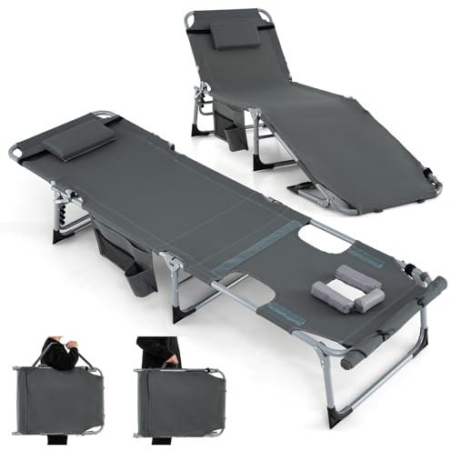 COSTWAY Bain de Soleil Pliable Inclinable à 5 Positions, Charge 180kg, Transat de Plage Pliable, Trou pour Visage, Appui-tête Amovible, Porte-gobelet et Poche, Chaise Longue pour Jardin Plage(Gris)