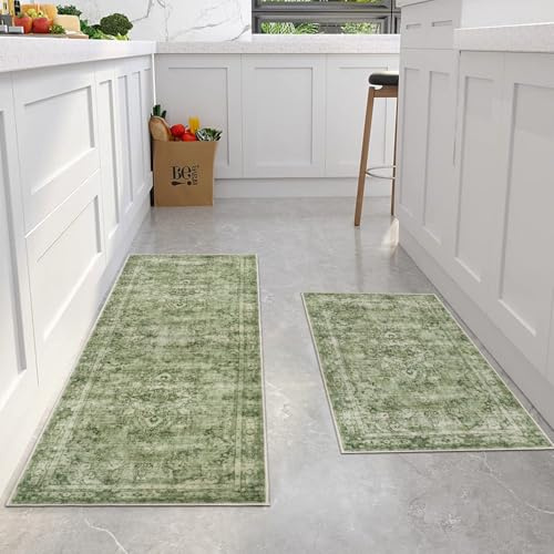Cekene Vintage Carpet Runners Non Slip Washable Kitchen Rug Runners Absorbent Boho Low Pile Floor Mat for Kitchen Bedroom Entrance Laundry Room(Green,50x80cm+50x120cm)