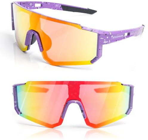 RTUOHUIN Schnelle Brille, Fahrradbrille Sonnenbrille für Herren und Damen UV400 Schutz Sportbrille TR90 Flexiblem Rahmen für MTB Rennrad Fahrrad Ski Laufen Rave - Violett Orange