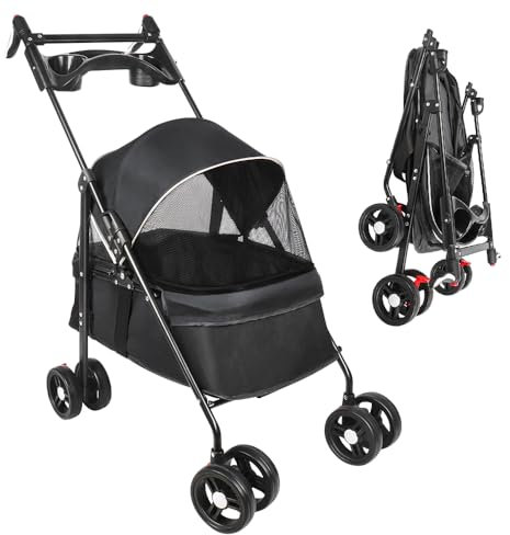 Hundewagen mit 4 Rädern mit Schultergurten, Kinderwagen für kleine und mittelgroße Haustiere, zusammenklappbarer Reisewagen für Haustiere, 50 x 70 x 95 cm, Schwarz