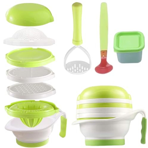 Vaporera y licuadora para bebés (1 juego) molinillo de alimentos apto para bebés con tazón para puré machacador manual exprimidor de cítricos rallador máquina para hacer puré de frutas y verduras.
