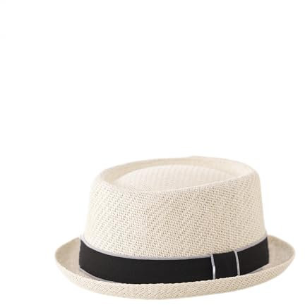 HEYANN Pork Pie Chapeau de paille pour homme Pork Pie Fedora 58 cm Chapeau d'été pour hommes et femmes, bowler plat protection solaire chapeau classique, Blanc laiteux-02, taille unique