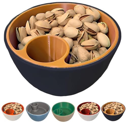 Bol à noix et graines imprimé en 3D, bol à pistache à double chambre avec support de rangement en coquille, grand bol de service double pour pistaches, cacahuètes, edamames, noix, fruits (noir)