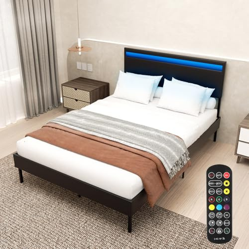 Peviasot Polsterbett, Bettgestell 140 * 200 cm, Mit LED-Beleuchtung, Massivholz-Lattenrost mit Kopfteil und Seitenteilen aus Leder, Hochwertiges Einzel-/Doppelbett, Schwarz (Ohne Matratze)