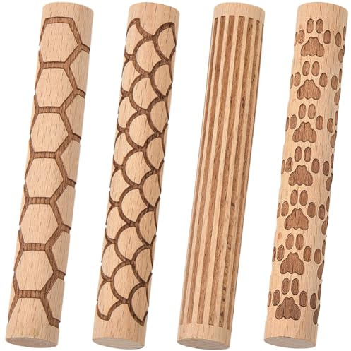 CREATCABIN 4 Stück Holz Ton Textur Roller Töpfer Stempel Roller Werkzeuge Sektor Gerade Linie Pfote Sechseck Muster Strukturierte Nudelhölzer Modellieren Keramik Malerei Handgefertigtes DIY 10x1.5cm