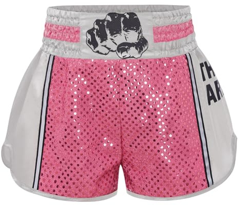 Mufeng Pantaloncini da Boxe per Bambini per Muay Thai Allenamento di Combattimento Arti Marziali Kickboxing Boxing Shorts Strass Pantaloncini Pugilato Rosa 9-10 Anni