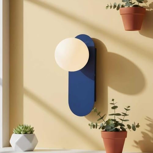 BARCELONA LED Wandleuchte Brian E27 – Nordische Wandlampe mit Opalglas Kugel, Minimalistisches Design Wandleuchten, Aluminium Basis in Blau, Innenleuchte IP20