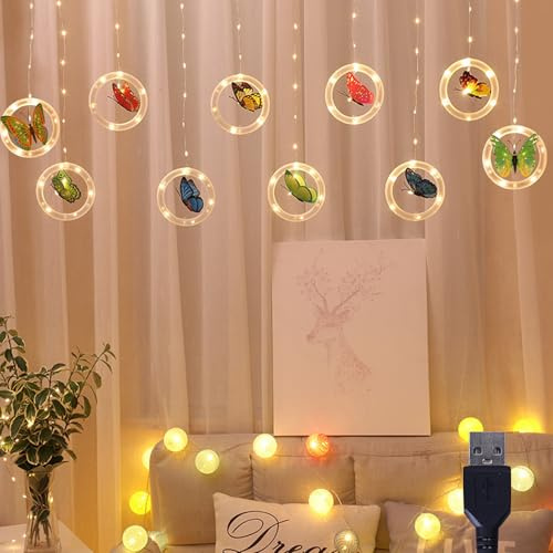 Lichtervorhang Schmetterling, LED Lichterkette Innen Frühlingsdeko Lichtervorhang Innen, Schmetterling Lichterkette Vorhang USB Wasserdicht Deko Schlafzimmer für Ramadan Deko Frühlingsdeko (A)