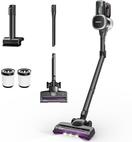 Lubluelu Akku Staubsauger Kabellos, 45 kPa 400 W, Bis zu 50 Min Laufzeit, Stabstaubsauger mit Anti-Tangle Bürste, LED, 2 HEPA Filter, Freistehend, Für Hartboden, Teppich & Tierhaare