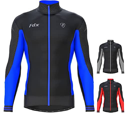 FDX Men’s Thermodream Winter Cycling Jersey Long Sleeve, Water Resistant, Windproof, Thermal, Lightweight, Warm Super Roubaix Fabric, Cycle Top, Bicycle Riding Sports MTB Clothing (Blue L)