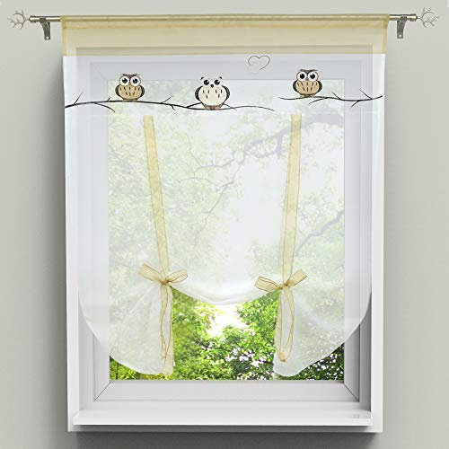 HongYa Raffrollo Bindegardine Eule Bestickte Küche Gardine Transparenter Vorhang Voile mit Tunnelzug H/B 140/60 cm Sand