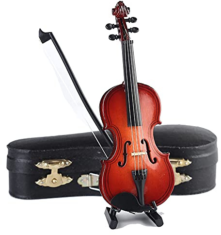 Dselvgvu Mini violino in legno con supporto, archetto e custodia, mini strumento musicale in miniatura, decorazione per la casa delle bambole (14,3 x 5,2 x 1,9 cm)
