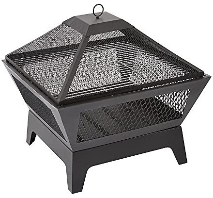 Trueshopping Square Metal Fire Pit with Mesh Lid - 24 See Through Basket Bowl Fireplace Brazier - Wood, Charcoal & Log Burner Outdoor Fire Pits for Garden BBQ, Bonfire - Griller & Poker Included