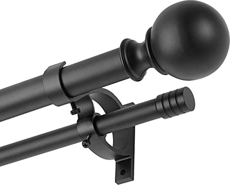 Kemmie Bastone per tende da finestra classico da 2,5 cm, con terminali rotondi e cilindrici, semplice doppia asta telescopica, 91,4-183 cm, nero opaco