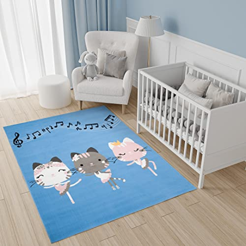 TAPISO Jolly Teppich Kurzflor Kinderzimmer Schlafzimmer Spielmatte Blau Grau Rosa Katzen Tiere Musik Design 80 x 150 cm