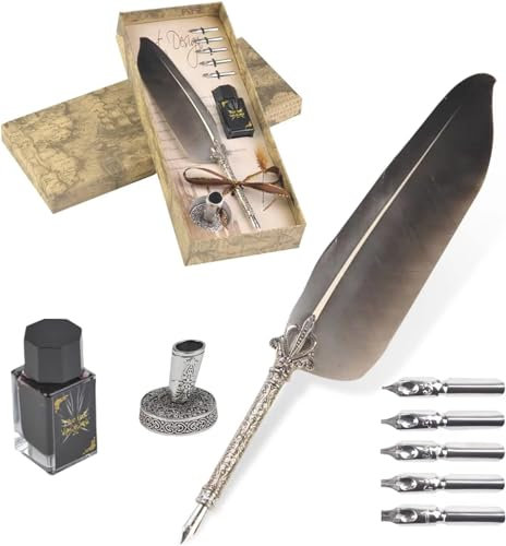Tyenaza Feder und Tinte Set, Glitzernde Federkiel Pen Set Antike Kalligraphie Dip Pen mit Tinte Flasche, 2 Ersatz-Federn, Pen Stand Base, Luxus Vintage Signature Pen (Schwarz)