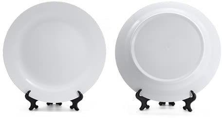 MR.R Sets of 2 Sublimation Blanks White Ceramic Flat Plate with Stand,Porcelain Plates. 8 inch Round Dessert or Salad Plate, Lead-Free, Safe in Microwave, Oven, and Freezer