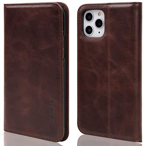 VISOUL iPhone 11 Pro Max Hülle,Stoßfeste Handyhülle [Auto Sleep/Wake][100% Leder] TPU Schutzhülle Kartenfach Magnet Stand, Lederhülle Klapphüllen für iPhone 11 Pro Max (6,5) Kaffee