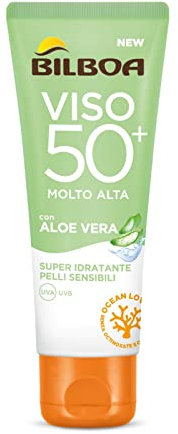 Bilboa, Sonnenschutz für das Gesicht, Aloe Sensitive LSF 50+, hohe Sonnencreme für empfindliche Haut, Formel mit Aloe Vera, schützt und befeuchtet empfindliche Haut, ohne Alkohol, wasserfest, 50 ml