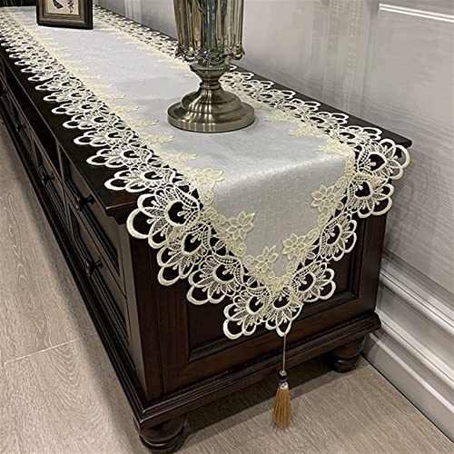 Elegante y lujoso Corredor de tela de encaje ovalado Tasel de colgante bordado de cubierta de polvo largo for TELEVISOR Mesa de comedor de gabinete Decoración de la Boda de bodas Regalos navideños