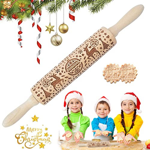 Mattarello Natale, Goffratura Rullo di Legno, Mattarello in Legno 3D, Mattarello in Legno di Cervi Natalizi, Mattarello 3D Rolling Pin, Goffratura Mattarello, per Pizza, Biscotti, Impasto