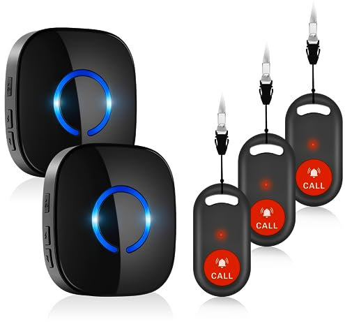 Wireless Pulsante Chiamata Emergenza per Anziani 500FT, 3 SOS Trasmettitore 2 Ricevitori Sistema Allarme Assistenza per Pazienti, Salvavita Anziani Pulsante