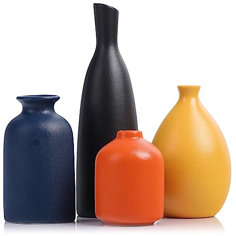 Juego de 4 jarrones de cerámica Coloridos, jarrones pequeños Modernos de Color Amarillo, Naranja y Azul para decoración del hogar, Cocina, Oficina, baño, repisa, Entrada, decoración de Granja