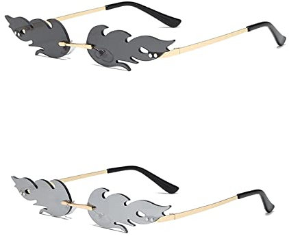 2 Stück Flammenbrille Rahmenlose Sonnenbrillen, Flame Fashion Sonnenbrillen, Creative Flamme Form Brillen Unisex, Randlos Welle Sonnenbrille Mode, Persönlichkeit für Party Strand Draussen