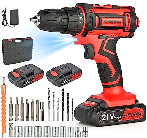 Trapano Avvitatore Batteria 21V, Avvitatore a Batteria 40N.M, con Avvitatore Elettrico a Due Sezioni 2.0AH, Coppia 25 + 1, 2 Velocità, 24 Accessori, Per Progetti Domestici, Fai da te