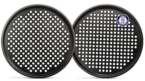 BAKKENMASTER Bakken- Swiss Non-Stick Pizza Pan with Holes - 13-Inch Perforated Pizza Crisper Carbon Steel Pizza Pan - 2 Round Pizza Trays - PFOA PFOS and PTFE Free