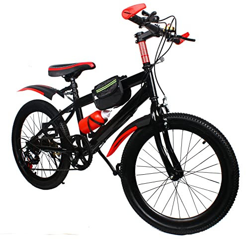 WSIKGHU 20 Inch Mountain Bike 7 Speed Front and Rear Dual Brake Height Adjustable Bicycle with Fenders, Water Bottle and Compass for 130-150CM, Max 85KG (Pre-Assembled 85%) (Red)