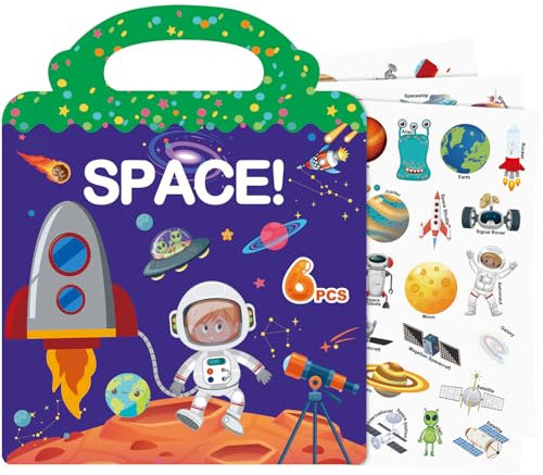 Wiederverwendbare Stickerbuch, Sticker Book für Kinder, 6 Blätter Weltraum Stickerbücher für 3 4 5 6 Jahre Jungen Mädchen Kleinkinder, 3D Klare Sticker für Lernspielzeug Geschenke