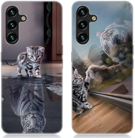 DiaryTown 2 Stück Samsung Galaxy A55 5G Hülle Tier Muster Motiv Handyhülle Weich TPU Silikon Schwarz Case Kratzfest Stoßfeste Schutzhülle Ultra Dünn Cover für Galaxy A55 5G, Katze & Tiger