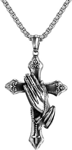 OIDEA Herren Halskette Kreuz Anhänger: Betende Hände Kreuz mit Kette aus Edelstahl Religiöse Schmuck Kreuzkette Geschenk für Männer Junge