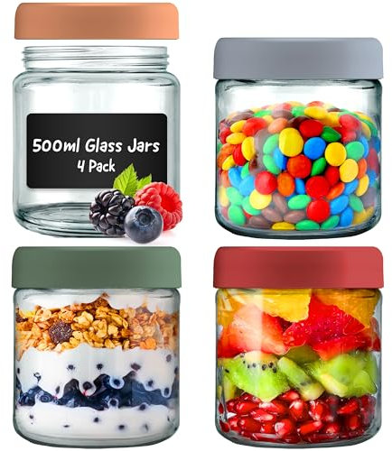 volila Overnight Oats Jar – 10oz / 500ml (lot de 4) Pot Yaourt en Verre avec Couvercle, Etiquettes et Stylo – Bocaux en Verre Hermétiques pour Vinaigrette, Avoine, Céréales et Pot Conservation Bébé