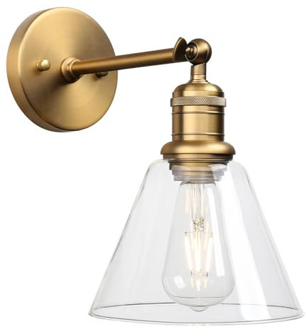 JIMUBEAM Applique da parete regolabile vintage con paralume in vetro a imbuto trasparente, lampada da parete per interni industriali per comodino Soggiorno da bagno sopra il lavello della cucina