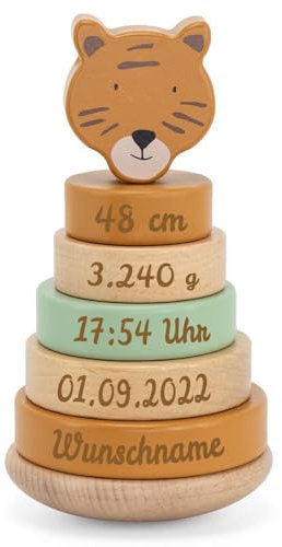 Personalisierter Stapelturm aus Holz von Trixie mit Namen und Geburtsdaten graviert Geburtsgeschenk Tiger