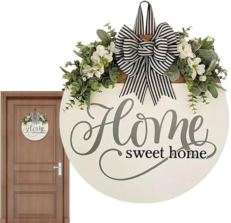 Home Sweet Home Cartello per porta d'ingresso, decorazione per porta di casa, 30 cm, rotondo, in legno, con fiocco e foglie verdi artificiali per decorazione estiva per porte
