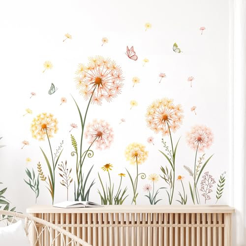 Tanlaby Amarillo Diente de León Pegatinas Pared Planta Adhesivos Pared Flores Mariposas Vinilo Decorativo para Dormitorio Salón Sofá Pared Oficina Pegatinas Pared Decoración