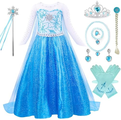 Robe Elsa Reine des Neiges Filles Déguisements Princesse Elsa avec Couronne Princesse Collier Ensemble Jupe Tulle Longue Robe pourCarnaval Halloween Noël Robes de fête d'anniversaire Enfants,100cm
