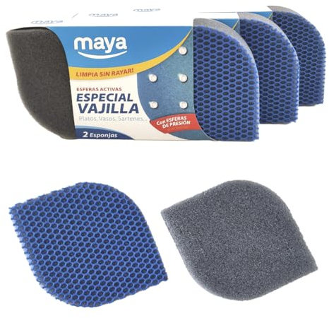 MAYA Estropajo EVO para Vajillas. Limpia sin Rayar. No Deja Restos de Comida. Lavables en Lavavajillas y Lavadora. Dimensiones 12x8,5x2,5 cm Pack de 6 Estropajos (Azul)