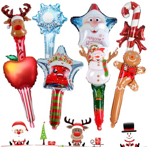 GVMJHYK Weihnachten Aufblasbare Handstäbe Aufblasbare Zuckerstange Luftballons Niedlicher Elch Schneemann Form Stick Xmas Lebkuchenmann Folienballon für Weihnachtsdeko 8 Stück