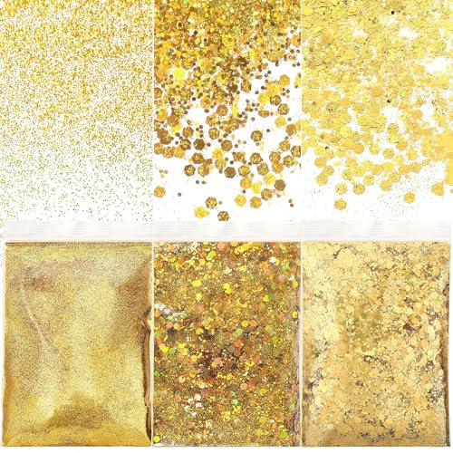 NVGVUP 150g Glitzer zum Basteln, Gold Glitzerpulver Pailletten, Gemischte Grobe Feine Gold Farben Glitzerpulver, Glitzerpuder für Nägel Kunst Gesicht Kartenbasteln Handwerk, 3 Größen(0.2mm, 1mm, 3mm)