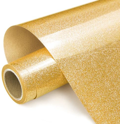 Prime Vinyl Heat Transfer Vinyl, 12 x 8ft Gold Glitter HTV Vinyl for T-Shirt, Iron on Vinyl forfor Cricut,Silhouette Cameo, Easy to Cut & Weed with Heat Press DIY Craft Designs