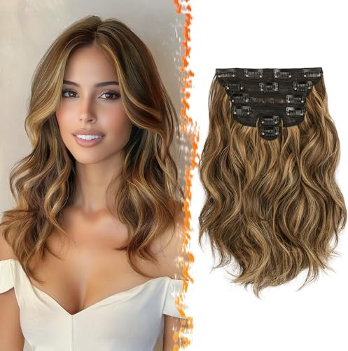 BARSDAR Clip in Extensions, 30cm Kurzes Wellige Haarverlängerung Highlight Clip in Für Damen 6PCs Natürliches Voller Kopf Dickes Synthetisches Haarteil Haarextension - Braun mit Honig Blond