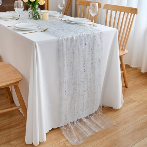 CHUQING Tischläufer Silber Glitzer 70 cm x 3 m Chiffon Tischläufer Hochzeit Tischdeko Transparentes Tischband