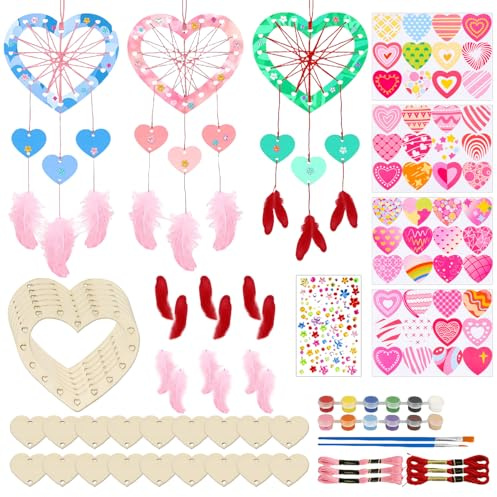 COACOM 1 Set Holzliebe Traumfänger Netze, 4 Aufkleber, Kreative Malerei Holzdekoration, DIY -Handgefertigte Kunstherzgeschenke.