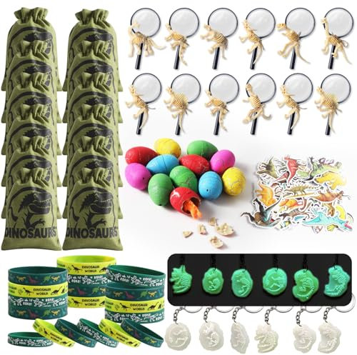 CESHMD 123pcs Dinosaurier Party Mitgebsel mit Lupe Kordelzugbeutel Mini Dinosaurier Skelett Dinosaurier Ei, Dinosaurier Give Aways Kindergeburtstag Gastgeschenke, Dinosaurier Spielzeuge Jungen