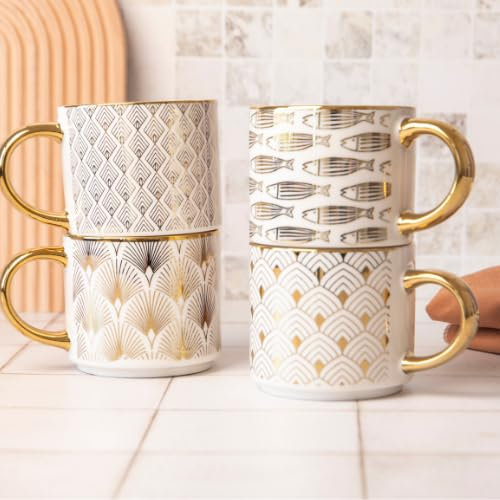 Luxury Ceramic Bone China Coffee Mug 490ml with Gold Handle with Art Deco Metallic Print, Elegant Gift Mug (H 9cmx 9.5cm) Assorted Designs (Gold Deco Fan Pattern)